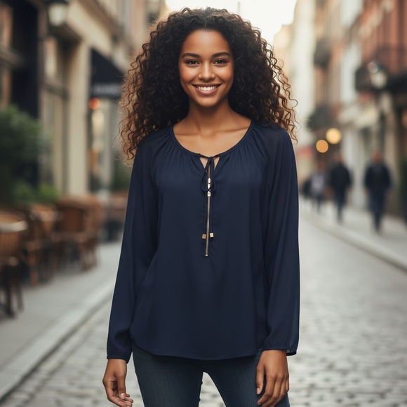 Michael Kors Navy Keyhole Zip Front Blouse with Gold Accents - Picture 1 of 14